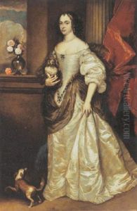 A Portrait Of A Lady, Wearing A White Silk Dress With Green Shawl And Pearl Jewellery, Holding A Lapdog by Adriaen Hanneman