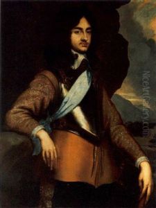 A Portrait Of Charles Ii Stuart, Standing, Wearing A Yellow Coat With Harnass And Blue Sash, In A Landscape