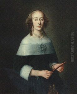 Portrait Of A Lady, In A Black Dress Whith A White Lace Collar And Cuffs, Holding A Fan