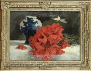 Vase En Faience De Delft Et Fleurs Rouges