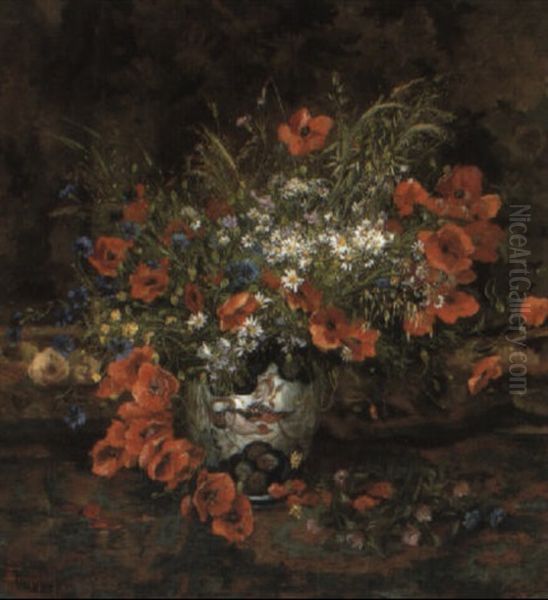 Poppies And Other Flowers In A Japanese Imari Vase - view 1