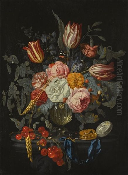 Still Life Of Tulips, Roses And Other Flowers In A Glass Vase, Together With Cherries And A Watch On A Ledge - view 1