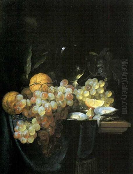 Nature Morte Aux Grappes De Raisin, Citron Et Huitres Sur Un Entablement - view 1