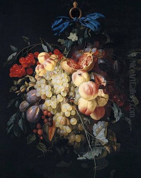 Still Life Of Grapes, Peaches, Plums, Raspberries, And Cherries, Suspended From A Ring, Tied With A Blue Ribbon, Together With A Butterfly And A Fly - view 1