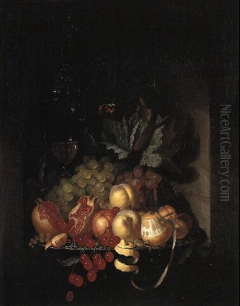 Peaches, Grapes And Other Fruit On A Silver Dish With A Glass In A Niche - view 1