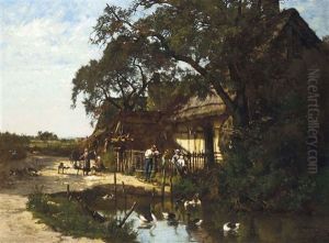 Spinning Wool By A Riverside Farmstead