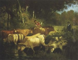 Boeufs A La Riviere by Hector Charles Auguste Octave Constance Hanoteau