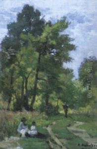 Promeneurs Au Bord Du Chemin by Hector Charles Auguste Octave Constance Hanoteau