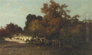 A Shepherdess And Her Flock In The Woodlands by Hector Charles Auguste Octave Constance Hanoteau