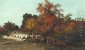 Landskab Med Fareflok Pa En Skovvej by Hector Charles Auguste Octave Constance Hanoteau