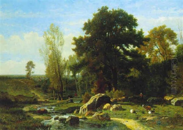 Bergere Et Son Troupeau Au Bord Du Ruisseau - view 1