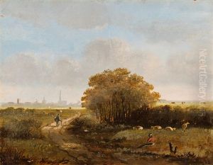Landschaft Mit Schafhirtin Und Blick Auf Eine Stadt