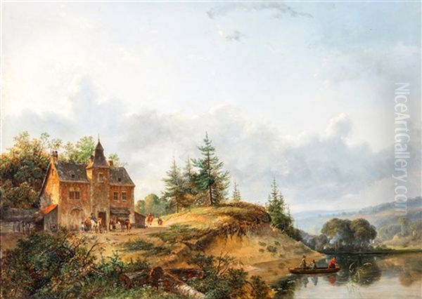 Rustende Ruiters Bij Een Huis Aan De Waterkant - view 1