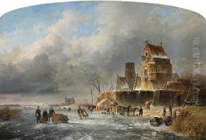 A Frozen River Scene With Figures Skating by Josefus Gerardus Hans
