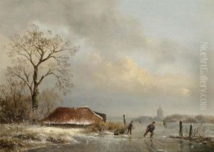 Skaters On A Frozen Waterway by Josefus Gerardus Hans