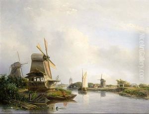 A River Landscape With Boats And An Angler Near A Mill by Josefus Gerardus Hans