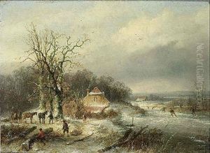 A Winter Landscape With Skaters And Woodgatherers by Josefus Gerardus Hans