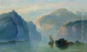 A Mountainous River Landscape With A Sailboat At Dusk