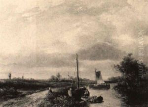 A View Of A Polder Landscape At Sunset by Josefus Gerardus Hans