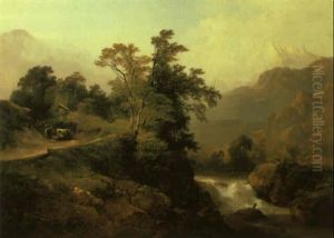 Mountainous River Landscape With Peasant Passing A Wayside Shrine