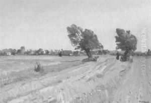 Sturmgepeitschte Landschaft Mit Ackern Und Feldern, Im Hintergrund Ein Dorf by Johannes Haensch