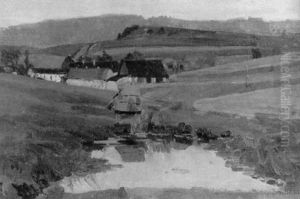Hugelige Landschaft Mit Gehoft Und Teich