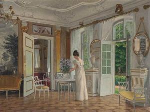 A Lady In A Sunlit Interior by Adolf Heinrich Claus Hansen
