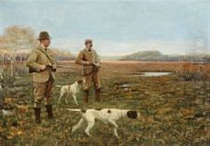 Two Hunters In The Bog, The Hounds Are Following The Scent by Adolf Heinrich Claus Hansen