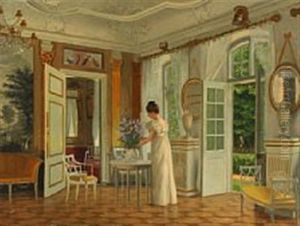 Manor House Interior With A Young Woman Arranging Lilac by Adolf Heinrich Claus Hansen