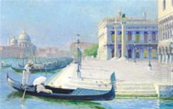 A Young Woman Sitting In A Gondola In Front Of The Doge's Palace In Venice - view 1