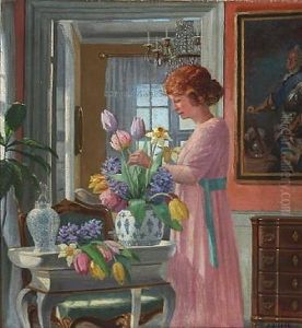 Interior With A Women And Flowers Interior With A Women And Flowers