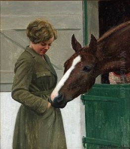 A Woman With A Horse At A Stable Door