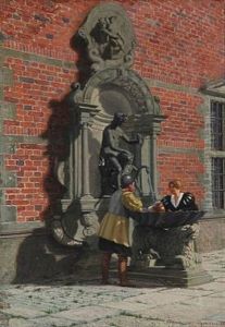Conversation At A Fountain At Frederiksborg Castle Square by Adolf Heinrich Claus Hansen