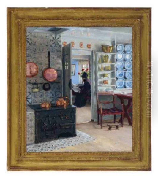 Interior Kitchen Scene With A Woman Reading The Paper - view 1
