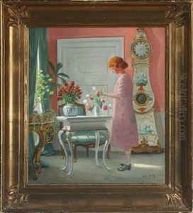 Interior With A Woman Arranging Tulips Interior With A Woman Arranging Tulips