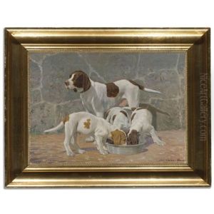 A Pointer With Her Puppies by Adolf Heinrich Claus Hansen