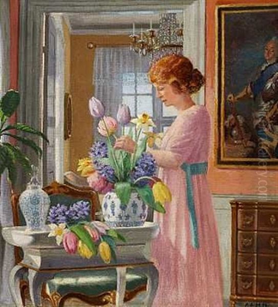 Interior Med En Ung Pige Der Saetter Blomster I Vand - view 1