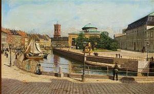 Udsigt Over Kanalen Ved Gammel Strand Med Nikolaj Taarn, Thorvaldsens Museum Og Christiansborg I Baggrunden by Adolf Heinrich Claus Hansen