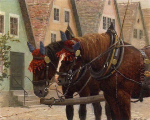 Two Team Horses Resting On A Village Street - view 1