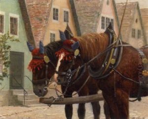 Two Team Horses Resting On A Village Street