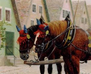 Heste I Sondagsseletoj Pa Gade I Tonder by Adolf Heinrich Claus Hansen