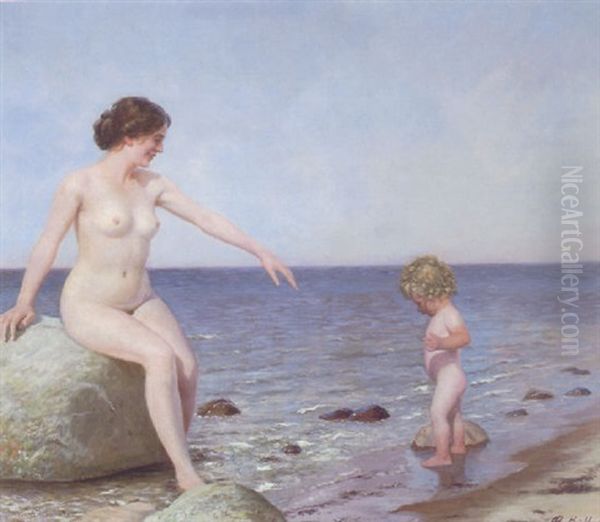 Mother And Child At The Beach by Adolf Heinrich Claus Hansen