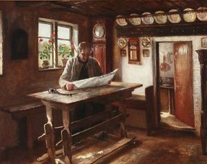 Country Interior With A Man Reading The Newspaper by Anne Marie Hansen