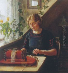 Interior Med Ung Kvinde Der Sidder Og Knipler by Anne Marie Hansen