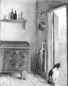 Almueinterior Med Kat Siddende I En Aben Dor by Anne Marie Hansen