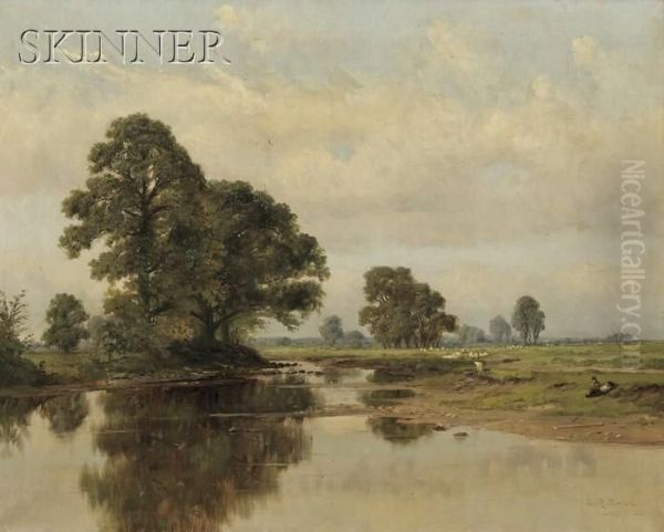 River View With A Resting Shepherd And His Grazingflock - view 1