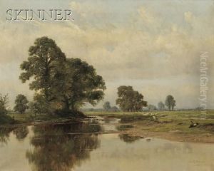 River View With A Resting Shepherd And His Grazingflock by L. Clarence Ball
