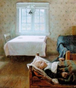 Norsk Bondestue, I Forgrunden Sovende Born by Asor (Henrik A.) Hansen