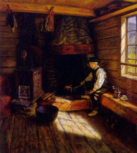 Interieur Einer Blockhutte Mit Offenem Kamin Und Einsernem Ofen