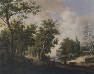 A Wooded Landscape With Travellers Conversing By The Edge Of A Forest, Another Traveller With His Mule On A Path by Carel Lodewijk Hansen